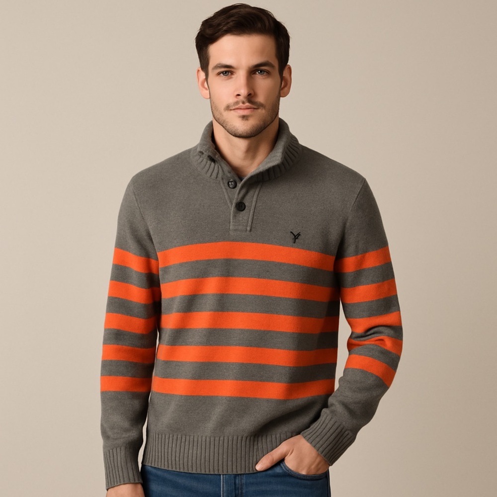 American Eagle 1/4 Zip Button Pullover Knit Sweater Gray Orange Striped
